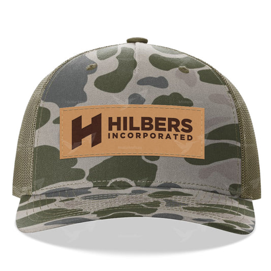 Hilbers Leather Patch Marsh Duck Camo Loden Trucker Hat - OSFM - 112PFP